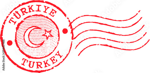 Postal stamp 'Turkey''. Turkish and english inscription. Dirty grunge texture.