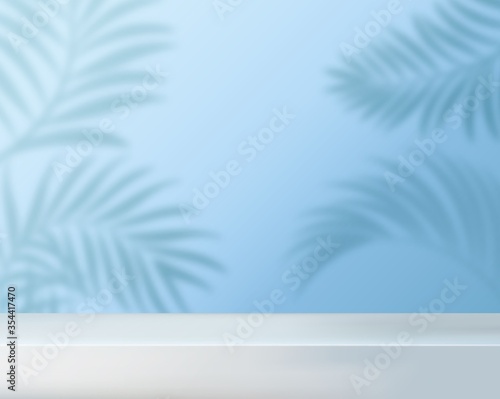 Realistic tropical background for sale or promo vector illustration. Blurry palm leaves on blue flat style. Hawaii and exotic botanical design. Copy space. Floral backdrop concept