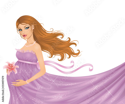 Beautiful pregnant woman with a long hair holding a Lily flower.
