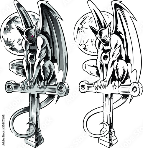 Obraz na plátne Chimera gargoyle sitting on a cross, hand-drawn vector illustration with gothic guards, demon in tatto style