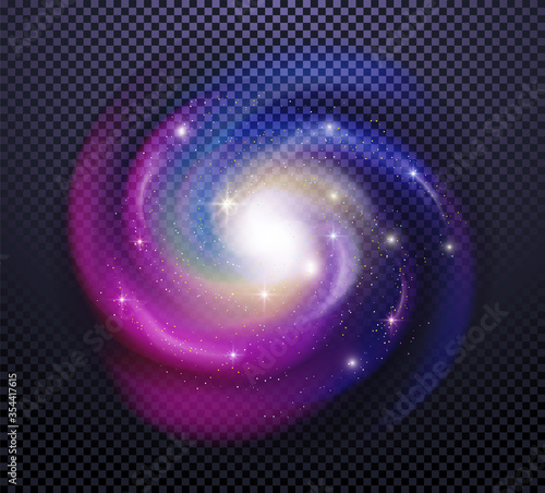 Realistic milky way spiral galaxy with stars isolated on transparent background. Bright blue yellow and red stars with space galaxy star dust. Can be used on flyers banners, web and other projects.
