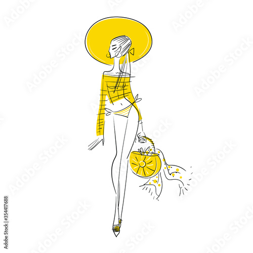 Beautiful woman in a swimsuit and hat goes to the beach. Design element for summer party concept and other use. Stock vector illustration.
