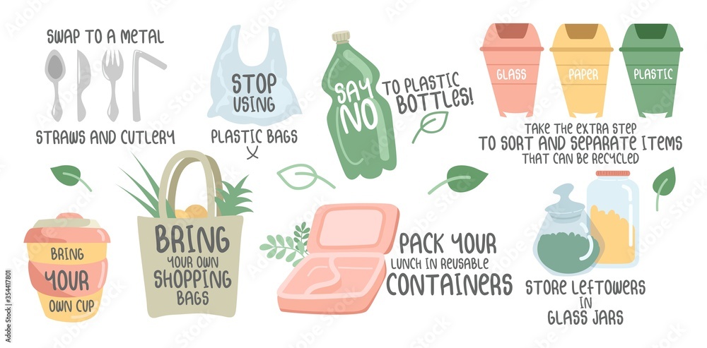 Eco handwritten quotes and colourful objects vector illustration. Stop using plastic bags and bring your own cup flat style. Separating trash concept. Isolated on white background