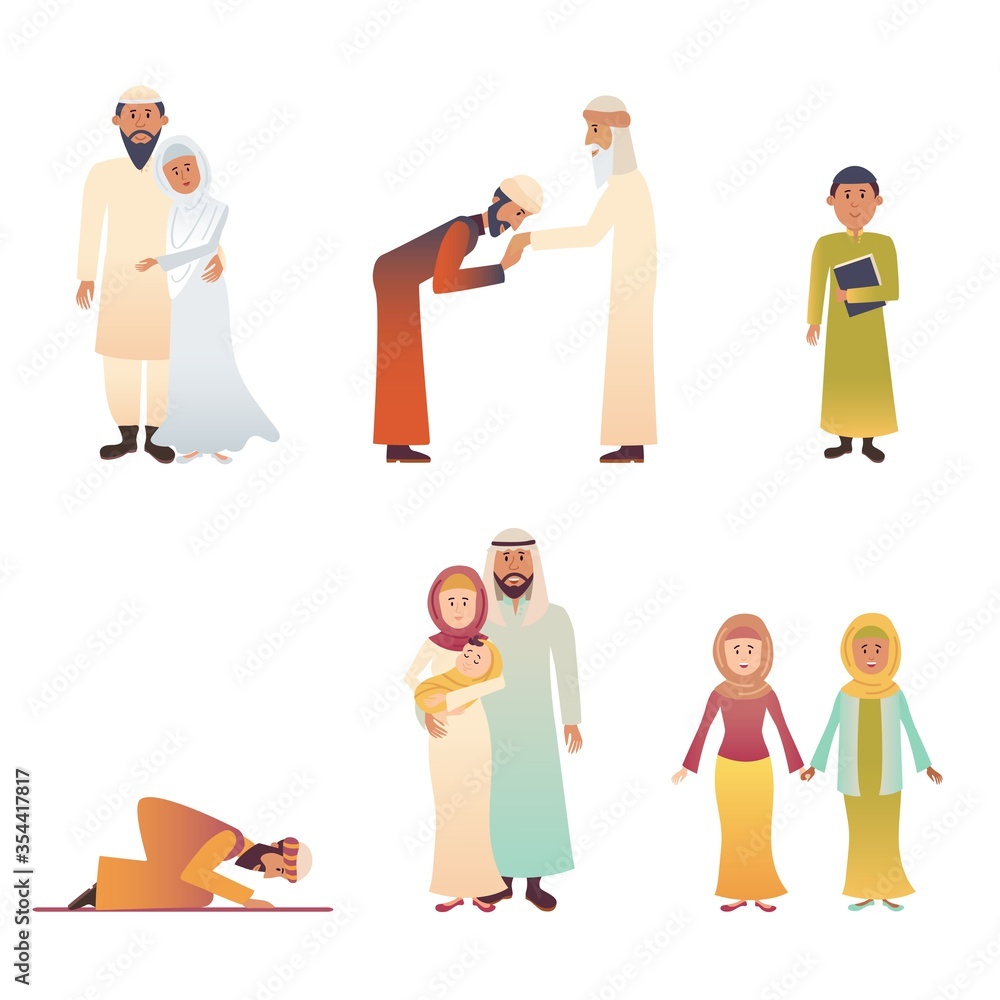 Set of muslim characters in national costumes vector illustration. Father mother and children flat style. Man pray. People in different poses. Isolated on white background Set of muslim characters in national costumes vector illustration. Father mother and children flat style. Man pray. People in different poses. Isolated on white background