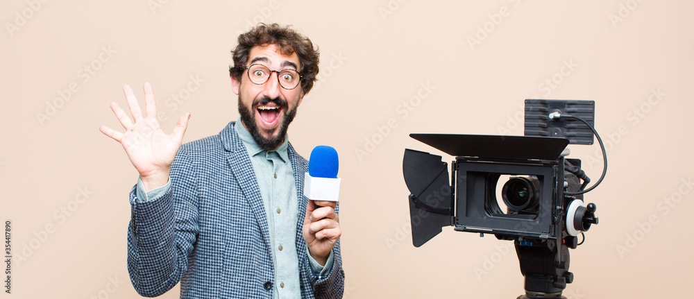 television presenter smiling happily and cheerfully, waving hand, welcoming and greeting you, or saying goodbye - obrazy, fototapety, plakaty 