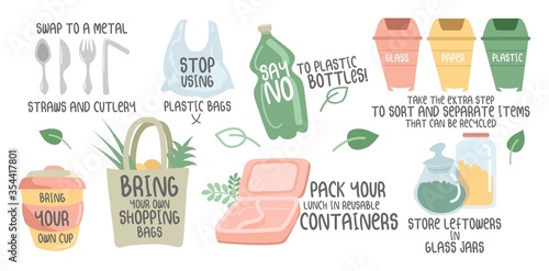 Eco handwritten quotes and colourful objects vector illustration. Stop using plastic bags and bring your own cup flat style. Separating trash concept. Isolated on white background