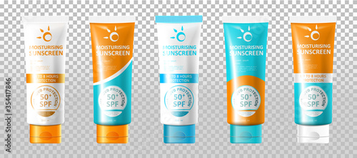 Set of cosmetic sucscreen toothpaste tube mockup template isolated on transparent background. Can be used on flyers anners or veb. Vector illustration. EPS 10.