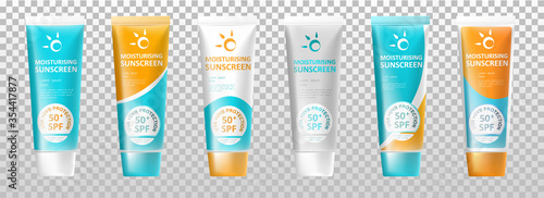 Set of cosmetic sucscreen toothpaste tube mockup template isolated on transparent background. Can be used on flyers anners or veb. Vector illustration. EPS 10.