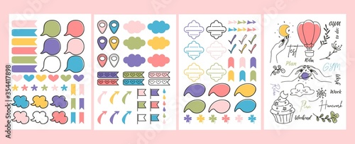 Colourful bright stickers and planner signs vector illustration. Blanks for kindergarten or personal use flat style. Template concept. Isolated on pink background