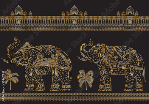 Vector seamless border pattern with fantasy ornate Indian elephant, tropical palm tree, antique architecture temple. Metallic gold thin line, ethnic ornaments on black background. T-shirt print.Batik 