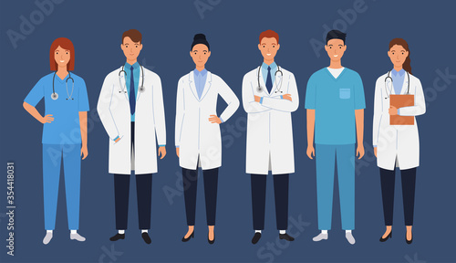 Medical staff of doctors and nurses. Men and women doctors group. Medical team concept vector illustration in a flat style.