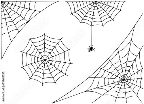 Halloween spider web and spider isolated on white background. Hector venom cobweb set.