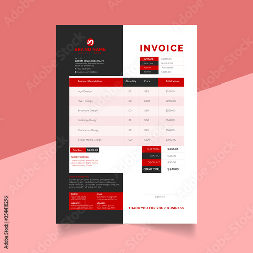Red color modern business invoice template vector format 