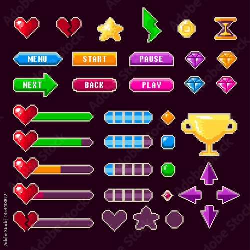 Old pixel video game ui ux for entertainment vector illustration. Online console controller flat style. Game for computer device. Creative bright design concept