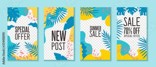 Social networks banners and sale templates with tropical leaves vector illustration. Special offer new post and summer sale text flat style. Isolated on blue background