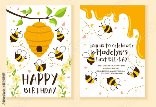 Kids party invitation with bees design template vector illustration. Bright bees and beehive flat style. Happy birthday fun celebration concept. Isolated on peach background