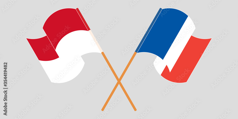 Crossed and waving flags of Indonesia and France Crossed and waving flags of Indonesia and France