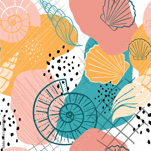 Colourful bright seashells pattern design vector illustration. Modern design with shells flat style. Talented drawing. Artwork with linear details. Art concept