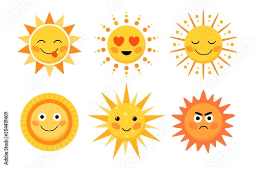 Bright yellow sun cute character with smile vector illustration. Round shaped summer symbol flat style. Various emotions and face expressions. Warmth concept. Isolated on white background