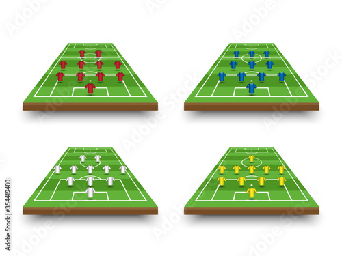 Football lineup formation and tactics on perspective field, vector illustration