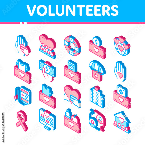 Volunteers Support Vector Icons Set. Isometric Volunteers Support, Charitable Organizations Pictograms. Blood Donor, Food Donations, Financial Help, Humanitarian Aid Illustrations