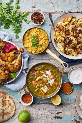 Indian cuisine dinner: tandoori chicken, biryani