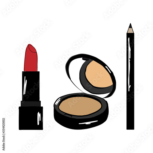 Makeup Vector illustration of hand drawing makeup cosmetics set. Red lipstick, compact powder and eyeliner isolated on a white background. Concept design cosmetics label, logo makeup artist