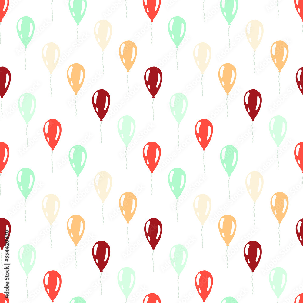 Simple hand drawn vector pattern. Yellow, blue, orange and beige balloons isolated on white background. Happy festive illustration. Perfect for wallpaper or fabric.