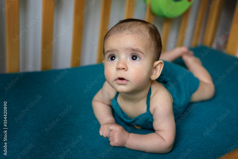 Cute newborn baby on a blue blanket. Baby in his bed. Closeup portrait of newborn baby. Baby goods packing template. Nursery. Medical and healthy concept. Cute newborn baby on a blue blanket. Baby in his bed. Closeup portrait of newborn baby. Baby goods packing template. Nursery. Medical and healthy concept.