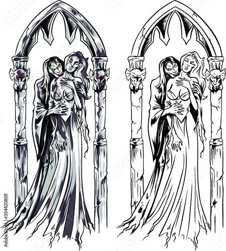 Vampire with big red eyes and his bride in a wedding dress. In a gothic castle.