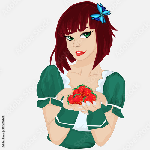Girl holds a handful of strawberries. Vector art