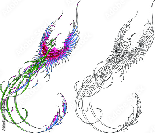 Drawn colorful phoenix tattoo fashion. Phoenix fire bird illustration and character design, the legend of the firebird is a mystical creature.