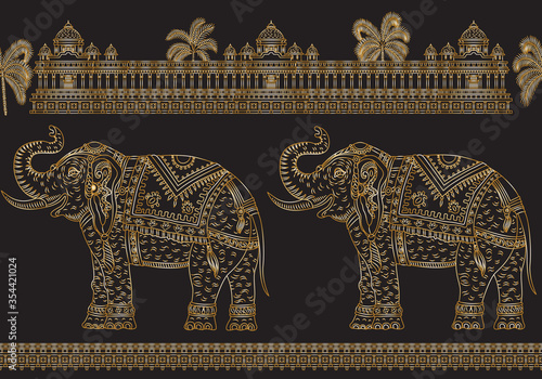 Vector seamless border pattern with fantasy ornate Indian elephant, tropical palm tree, antique architecture temple. Metallic gold thin line, ethnic ornaments on black background. T-shirt print.Batik 