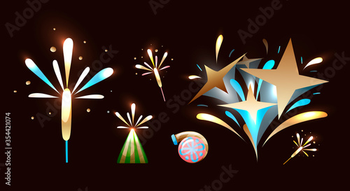 Cartoon sparklers set, vector illustration on dark