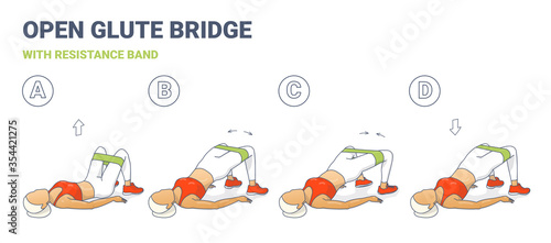 Open Glute Bridge With Resistance Band Girl Home Workout Exercise Colorfull Concept.