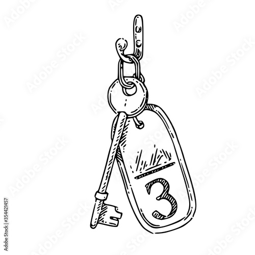 Hotel key with tag number three. Sketch. Engraving style. Vector illustration.