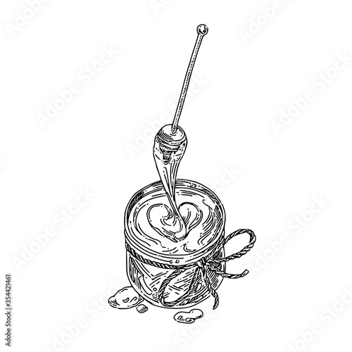 Open a jar of fresh honey with spoon. Sketch. Engraving style. Vector illustration.