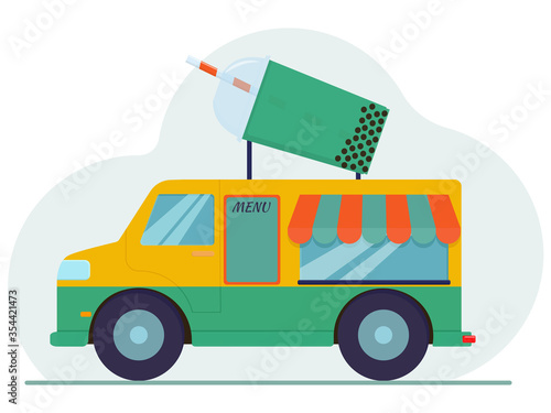 Flat vector illustration: bubble tea truck