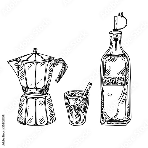 Coffeemaker, cup of coffee and bottle syrup. Sketch. Engraving style. Vector illustration.