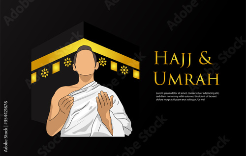 Islamic pilgrimage hajj and umrah banner with illustration praying man