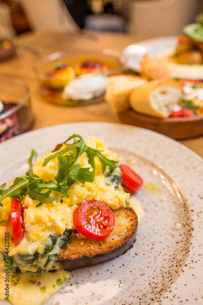 breakfast in a restaurant on a wooden table