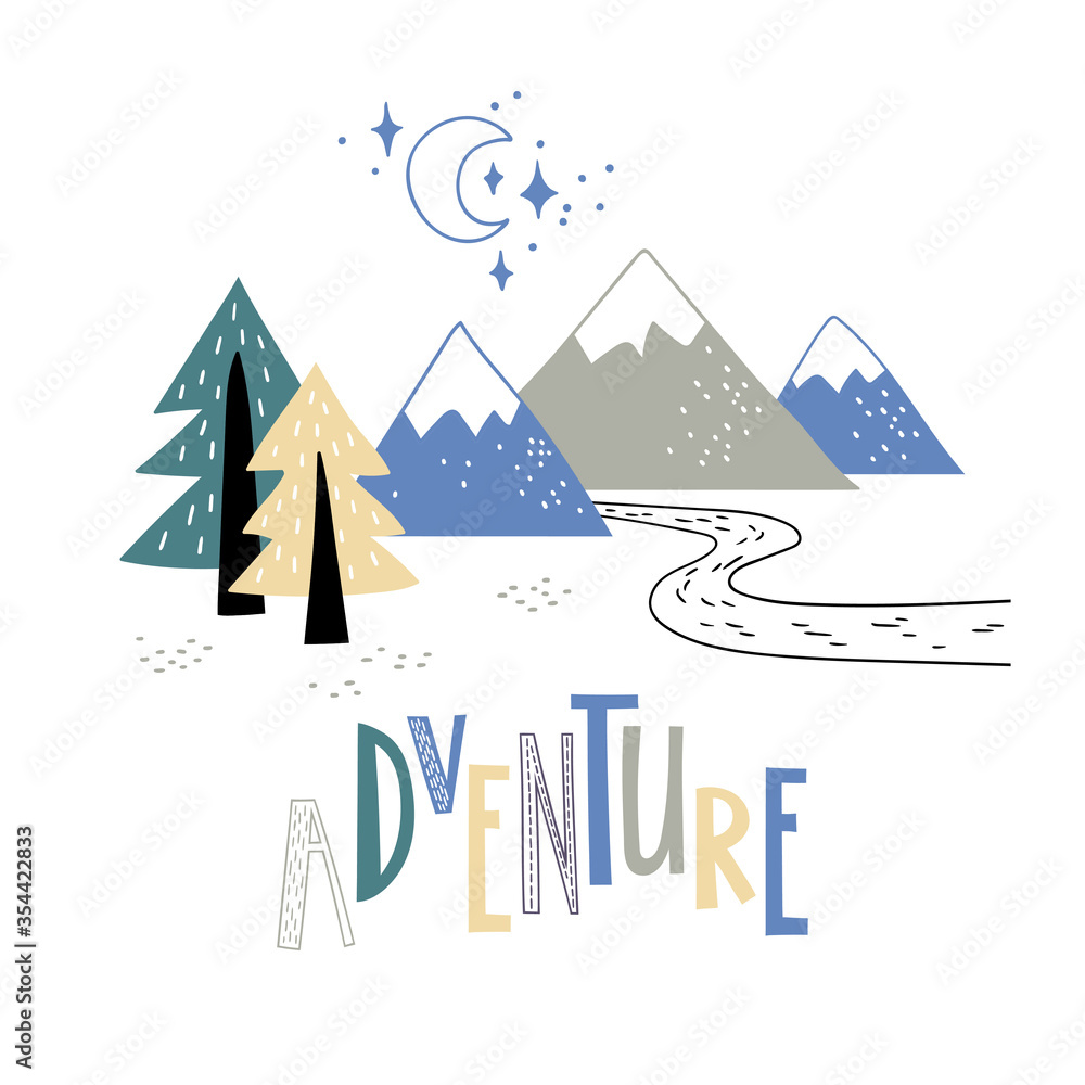 Minimalistic mountain landscape with trees and handwriting inscription Adventure. Vector illustration. Minimalistic mountain landscape with trees and handwriting inscription Adventure. Vector illustration.