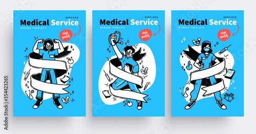 Medical services poster design concepts. Healthcare medical professionals. Doctors, nurses, staff people. Vector illustration