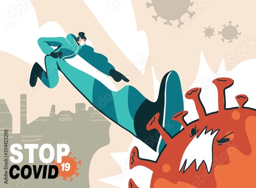 Fight with Coronavirus concept. Illustration of a doctor fighting with covid-19 corona virus. Disease campaign poster