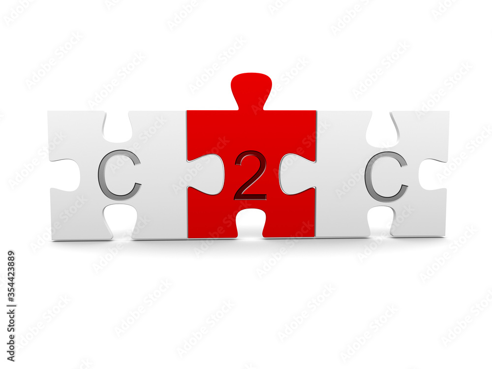 Three jigsaw puzzle pieces with C2C, consumer to consumer, text on white background - business networking concept Three jigsaw puzzle pieces with C2C, consumer to consumer, text on white background - business networking concept
