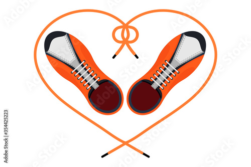 Two sneakers with a heart shaped shoelaces. Top view. A pair of gym shoes with long laces. Isolated vector illustration on white background. Flat style.