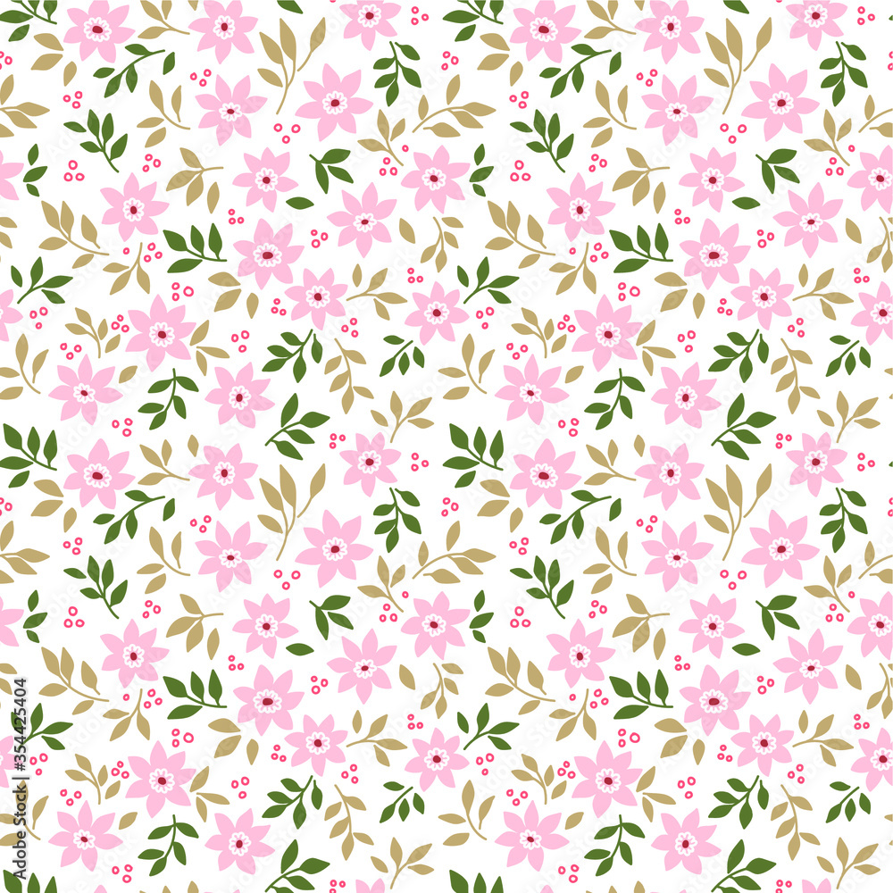Cute floral pattern in the small flowers. Ditsy print. Seamless vector texture. Elegant template for fashion prints. Printing with small pink flowers. White background.