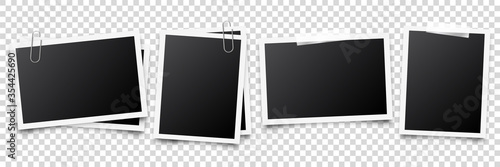 Realistic blank photo card frame, film set. Retro vintage photograph with adhesive tape and shadow. Digital snapshot image. Photography art. Template or mockup for design. Vector illustration.