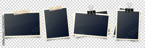 Realistic blank photo card frame, film set. Retro vintage photograph with adhesive tape and shadow. Digital snapshot image. Photography art. Template or mockup for design. Vector illustration.