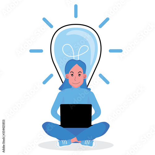 A lady is surfing internet by computer at home and having some great idea about business 